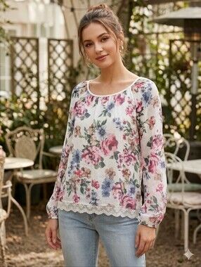 Elena Baldi 100% Silk Floral Blouse with Lace Trim
